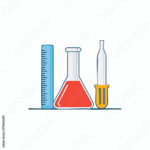 Laboratory glassware flask beaker and dropper with red liquid and blue ruler