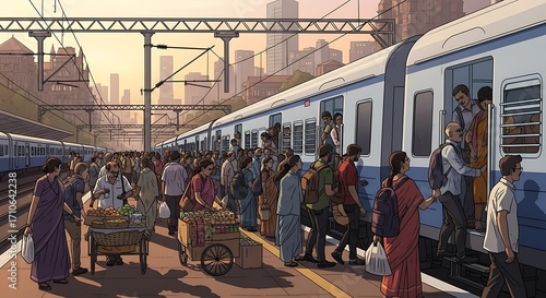 Busy Indian Train Station Platform with Commuters Boarding and Alighting.