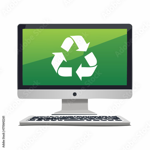 Computer monitor with green screen displaying recycling symbol and keyboard