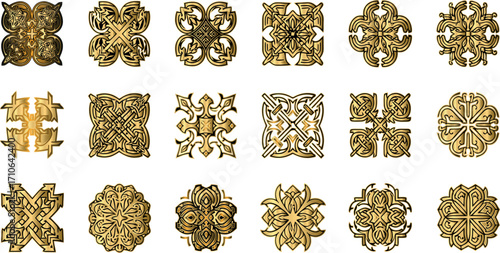A versatile set of antique golden ornamental design assets. Intricate square and floral filigree patterns for luxury and elegant graphic decoration