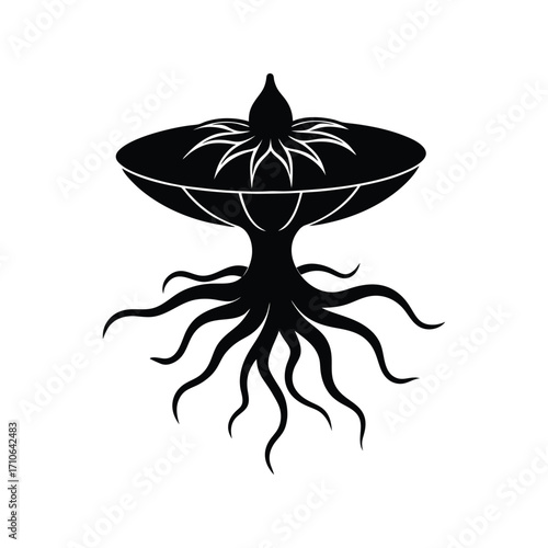 Floating alien blossom hovering bloom with glowing roots vector art illustration