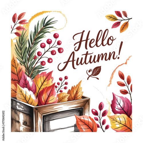 Hello autumn season greeting with colorful leaves and berries arrangement
