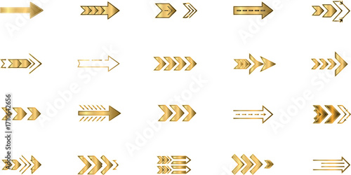 An elegant set of various golden arrows pointing right, a versatile collection of metallic-textured pointer icons and graphic elements for design asset (29)