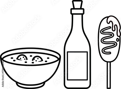 Food illustration soup bottle corn dog vector image design