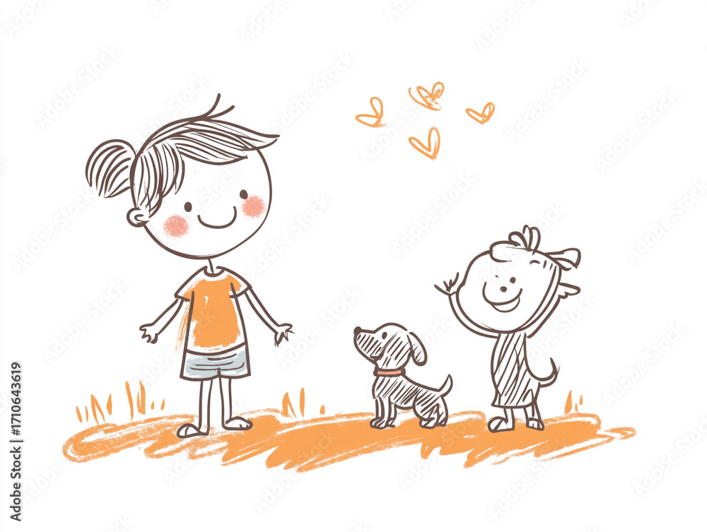 Naklejka premium A whimsical child-like drawing of a boy and a girl playing with a dog in a grassy field under the sun.