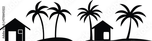 silhouette of Tropical island scene with palm trees and huts