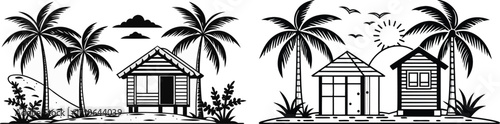 silhouette of Tropical island scene with palm trees and huts