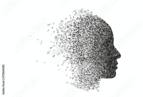 Human Head Silhouette Dissolving Into Gray Particles On White profile face