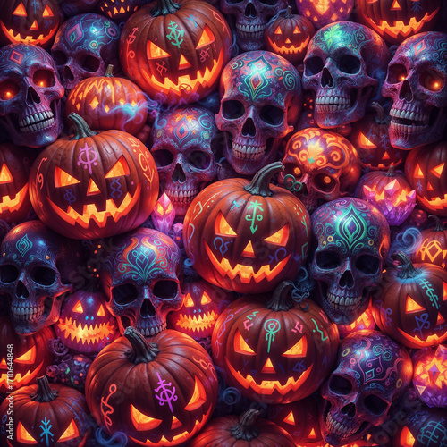 Pumpkins and skulls glow in dreamscape—colorful Halloween magic with soft light and spooky charm.