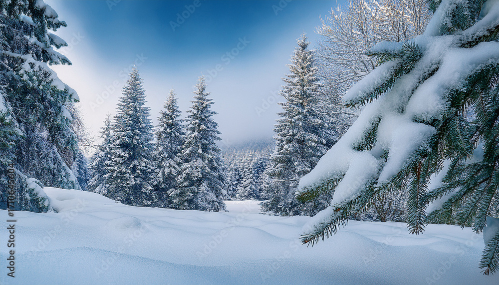 Naklejka premium Snowy Scene With Snow Covered Fir Tree Branches