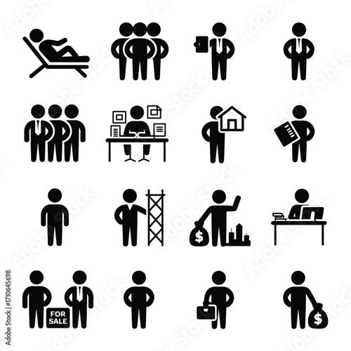 Business icons depicting various professional activities icon set
