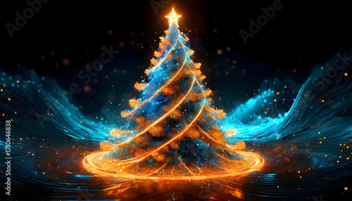 3D Abstract realistic illustration of neon light featuring orange and blue xmas tree on digital art concept, Generative AI.