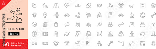 Athletic sport icons set. Including running, football, basketball, tennis, cycling, swimming, fitness, and more. Editable stroke. Vector illustration. Outline icons. Perfect for sports apps and health