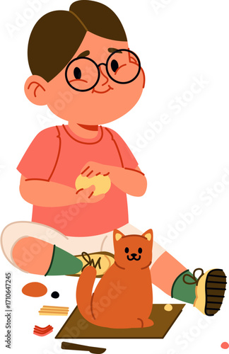 Boy Crafting Cat with Plasticine Clay