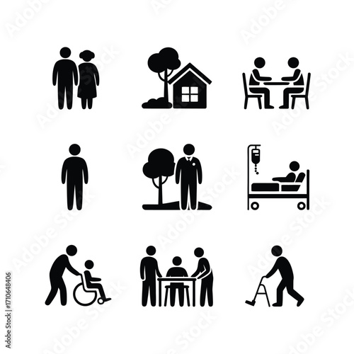 Elderly care and medical services icon set