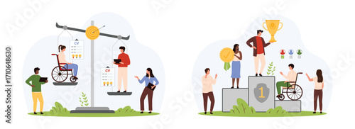 Discrimination in employment, ableism set. Tiny people select CV employees using scales and podium, bias and prejudice, unequal employment rights for person with disability cartoon vector illustration