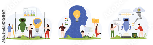 AI, machine learning, automation set. Tiny people work with robotic arm and digital brain to design robot and develop software code together with artificial intelligence cartoon vector illustration