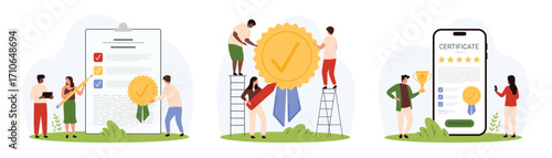 Document approval with quality seal set. Tiny people approve checklist in paper form, business decision and paperwork with round stamp, legal license file in mobile app cartoon vector illustration