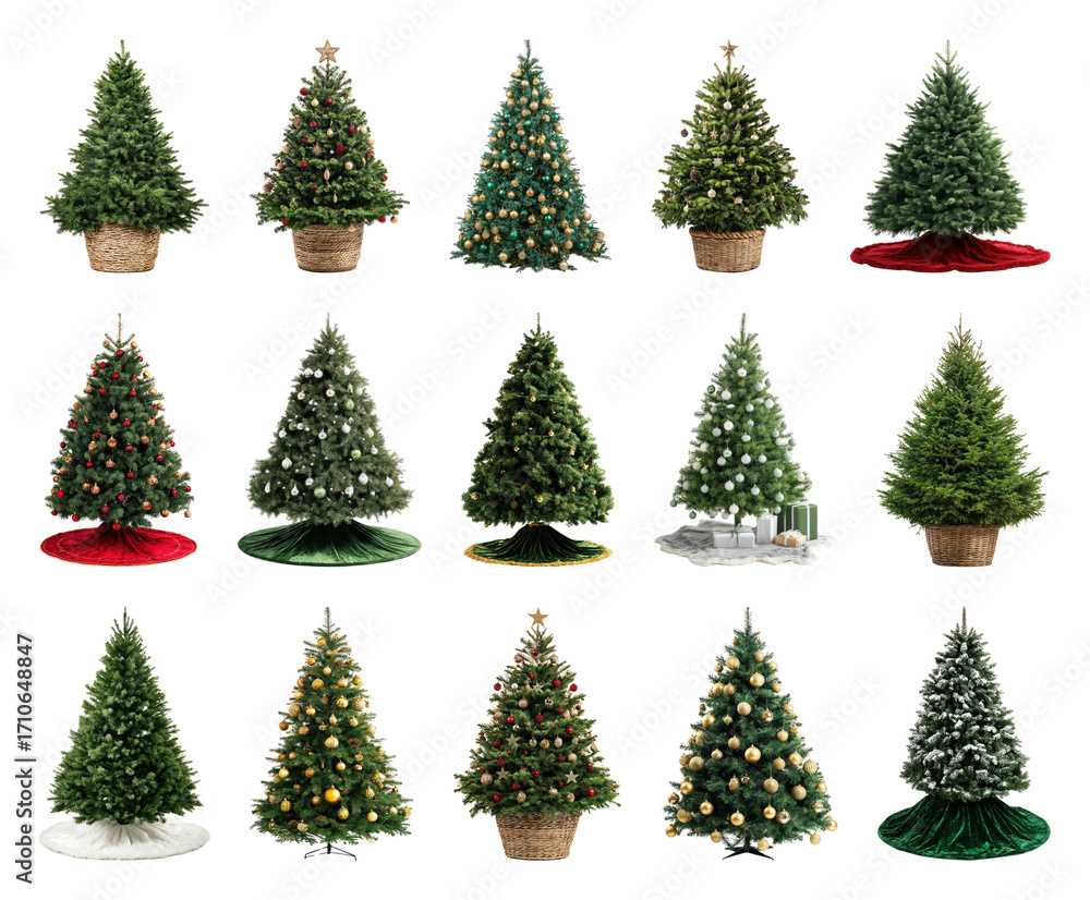 Obraz premium PNG Festive decorated Christmas trees collection, element set on transparent background