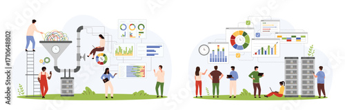 Data mining, classification of digital information and tech documents set. Tiny people work with big funnel and servers, conversion process of data flow analysis, analytics cartoon vector illustration