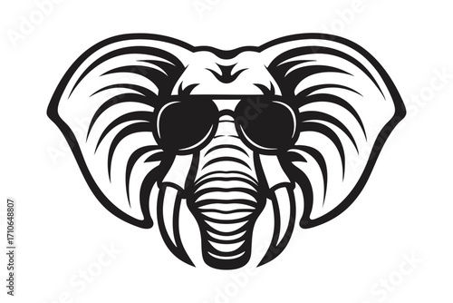 Cool elephant with sunglasses displays striking monochrome boldness within a format head