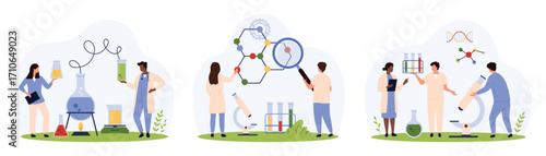 Chemical laboratory research set. Tiny people doing scientific experiments with microscope and test tubes, scientists study molecular structure with magnifying glass cartoon vector illustration