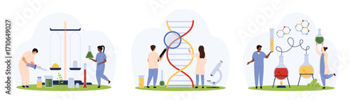 Chemistry and genetics laboratory research set. Tiny people weigh chemicals on scale, study DNA molecule with magnifying glass, heat flasks on burner for lab experiment cartoon vector illustration
