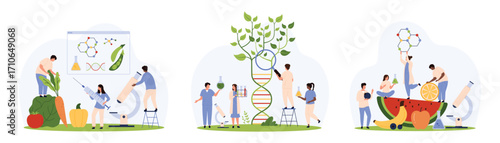 Genetic and food safety research, inspection of vegetable and fruit set. Tiny people with magnifying glass grow green plant from DNA, genome analysis in laboratory cartoon vector illustration