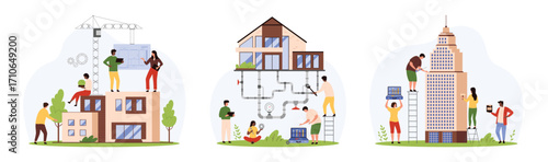 Construction and renovation of house, installation of underground water supply system set. Tiny people work with building project, engineers modeling infrastructure cartoon vector illustration