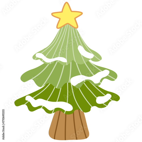 Christmas Tree Illustration, Snowy Holiday Tree with Star Topper, Festive Winter Clipart Decoration