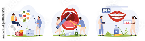 Nutrition, hygiene and braces for dental health set. Tiny people holding electric toothbrush and tongue cleaner to clean, advise healthy eating and bite correction cartoon vector illustration