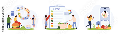 Diet plan management, healthy nutrition program set. Tiny people control food calories with meals planner mobile app, online advices of weight loss expert and dietitian cartoon vector illustration