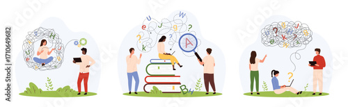 Difficulty in writing and reading, dyslexia brain disorder set. Tiny people help with learning and understanding problems, research chaos of letters with magnifying glass cartoon vector illustration