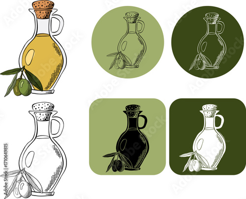 Olive oil bottle berry branch with green leaves logotype. Vector graphic line ink colored illustration. design for fashion graphics, textile prints, fabrics, wallpapers. Banner, poster,