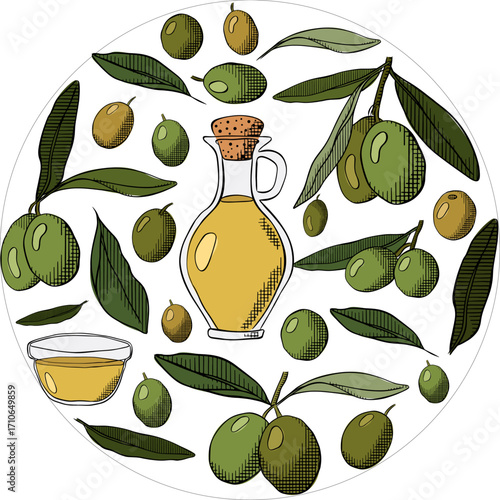 Olive oil, berry branch with green leaves circle round composition logotype. Vector graphic line ink colored illustration. wedding invitation and cards, logo design and posters template.