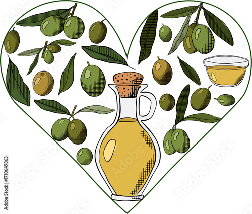 Olive oil, berry branch with green leaves heart composition logotype. Vector graphic line ink colored illustration. The best quality olive oil. Cosmetic. National Olive Day
