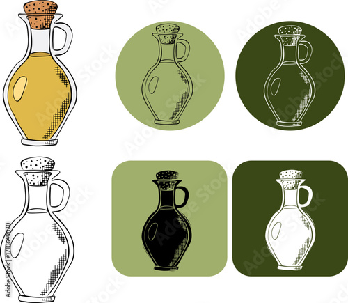 olive oil glass bottle logotype. Vector graphic line ink colored illustration. Organic extra virgin olive oil bottle with label. Sample poster, invitation, holiday banner, postcard.