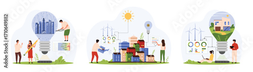 Green energy project for eco friendly city set. Tiny people save environment with houses inside light bulb, urban landscape with buildings, solar panels and wind turbines cartoon vector illustration