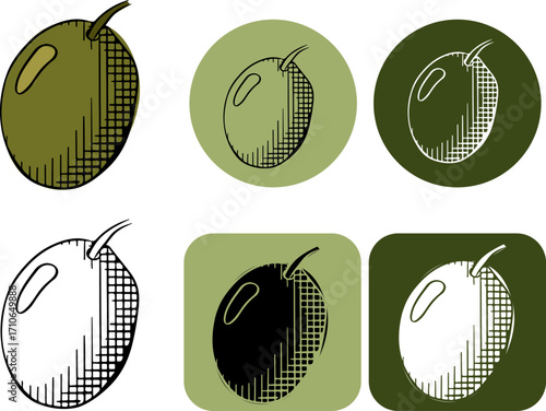 Olive berry logotype. Vector graphic line ink colored illustration. Silhouette sign for logo, print, comics, fashion, pop art, boards, design, stickers, decoration, posters