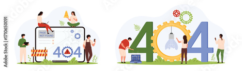 404 error, page not found set. Tiny people of technical maintenance service and lost url search fail, type of creative warning failure message of server about mistake cartoon vector illustration
