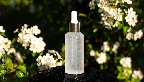 Fototapeta Naklejka Na Ścianę i Meble -  Clear bottle of serum, spring flowers