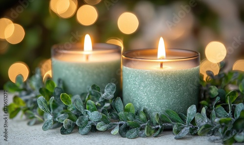 Two teal candles with warm light, surrounded by green leaves