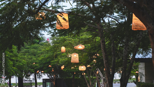 String lights glowing among trees in a lush green garden, creating a cozy and festive outdoor ambiance.
