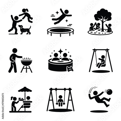 Outdoor recreation activities black and white icon set