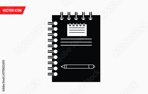 Spiral bound notebook and pen icon simple silhouette for note taking and planning