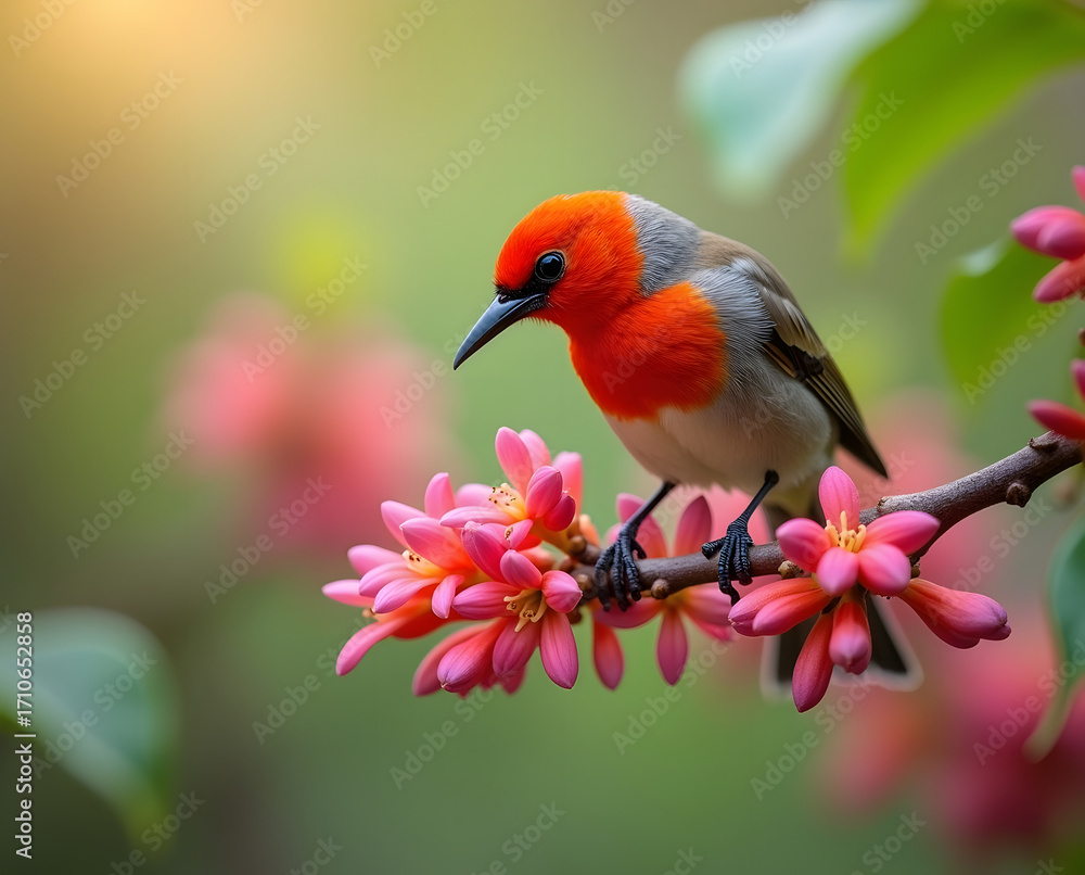 Obraz premium Vibrant sunbird perched gracefully among delicate pink blossoms, a stunning display of nature's beauty, perfect for inspiring themes of spring, wildlife, and serene moments