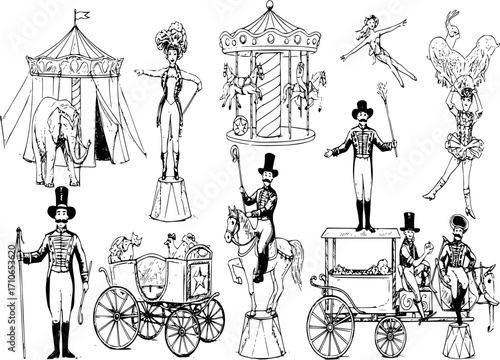 Circus ink sketch vector set. Men women tent elephant presenter showman tamer dancer carousel acrobat horse rider magician carriages poultry house characters, retro vintage illustration isolated on