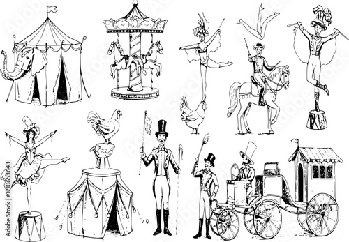 Circus ink sketch vector set. Men women tent elephant presenter showman tamer dancer carousel acrobat horse rider magician carriages poultry house characters, retro vintage illustration isolated on