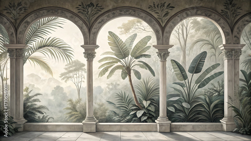 Ornate arched balcony overlooking a lush tropical jungle landscape with palm trees