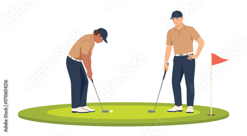 Golfers Putt Vector,  Two Players Preparing to Hit Golf Ball on Putting Green, Flat Vector Sports Illustration for Tournaments, Posters, Club Logos, and Recreation Designs